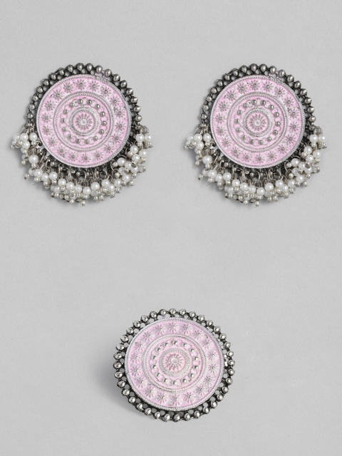 

justpeachy Pink Oxidized Silver-Plated Enamelled Beaded Jewellery Set