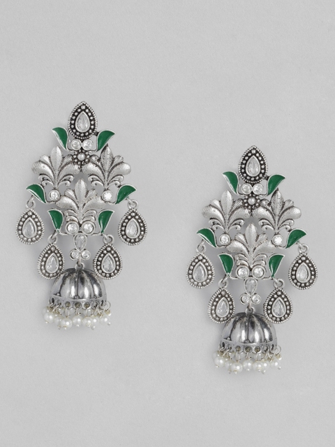 

justpeachy Green & Silver-Plated Contemporary Oxidised Jhumkas