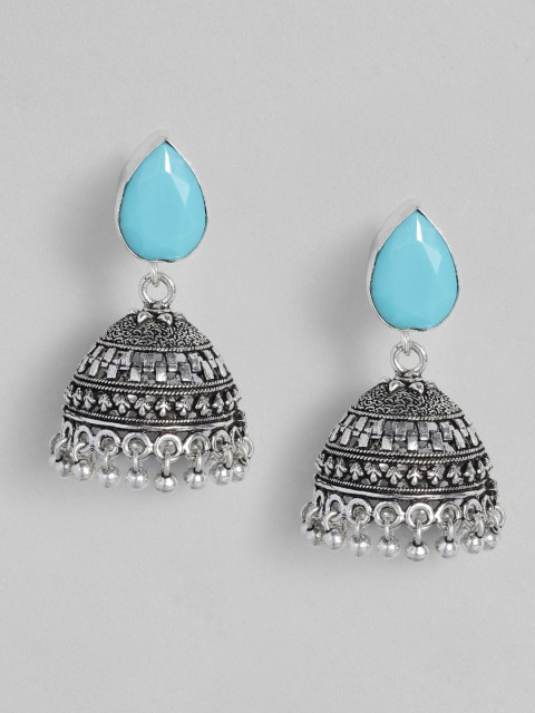 

justpeachy Turquoise Blue & Silver-Toned Dome Shaped Oxidised Jhumkas