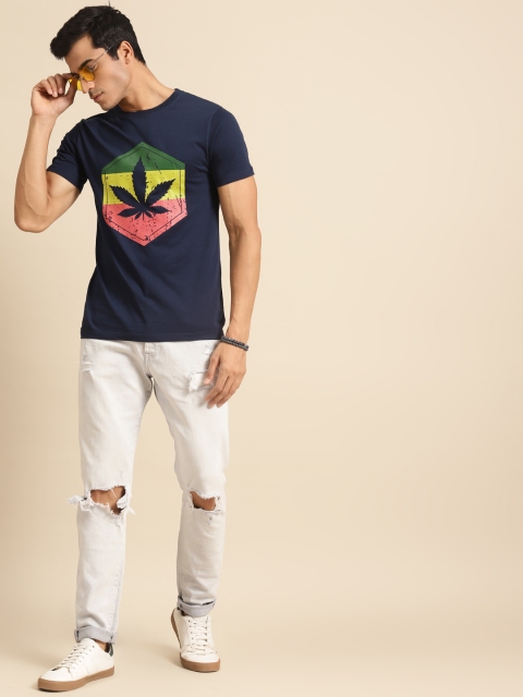 

Bewakoof Men Teal Blue & Green Graphic Print Round Neck Cotton T-shirt