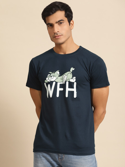 

Bewakoof Men Navy Blue & White Jerry Printed Pure Cotton Round Neck T-shirt
