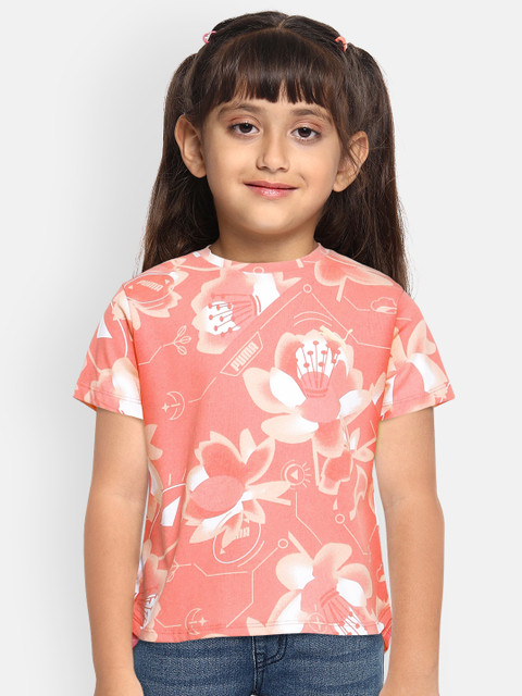 

Puma Girls Coral Peach Printed Round Neck Pure Cotton T-shirt