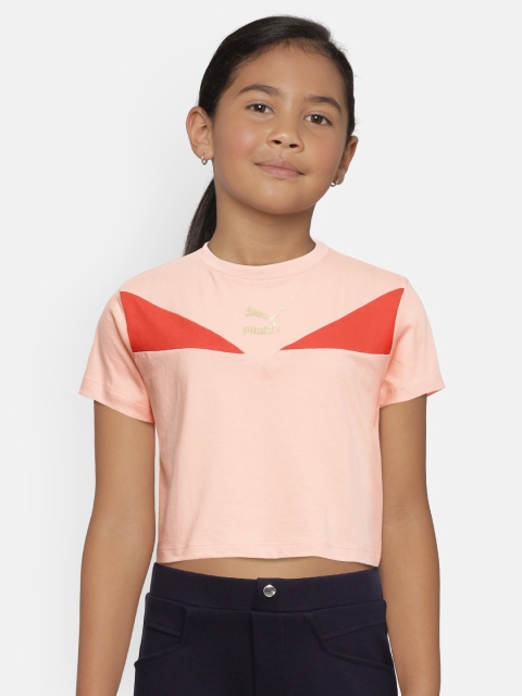 

Puma Girls Peach & Red Colourblocked Pure Cotton Round Neck T-shirt