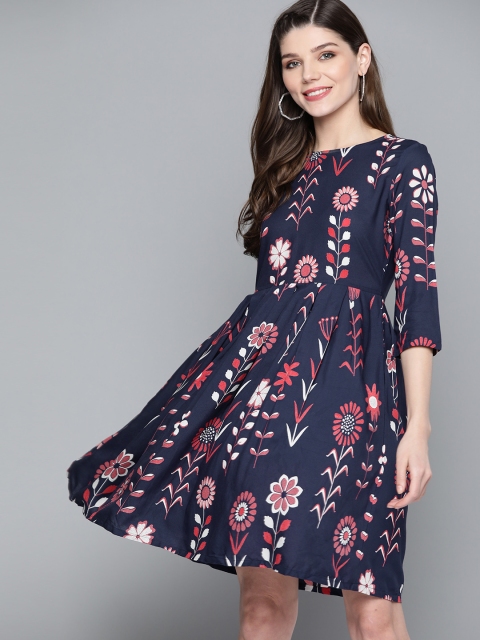 

HERE&NOW Women Navy Blue & Red Printed A-Line Dress