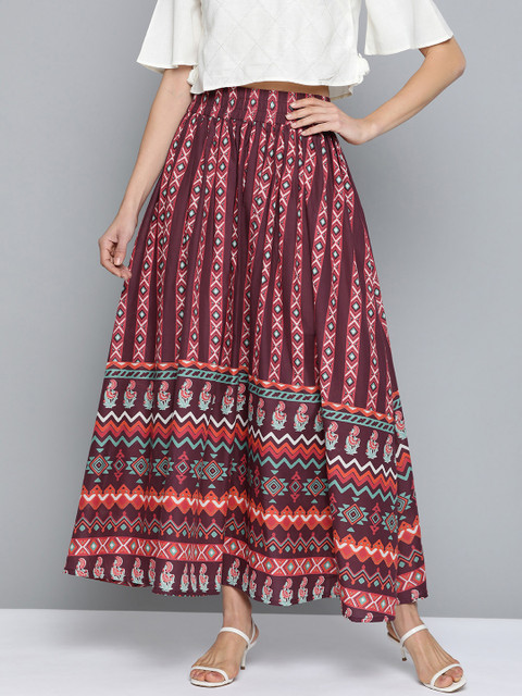 

HERE&NOW Burgundy & Red Pure Cotton Printed Maxi Flared Skirt