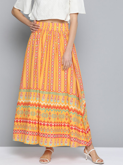 

HERE&NOW Mustard Yellow & Red Pure Cotton Printed Maxi Flared Skirt