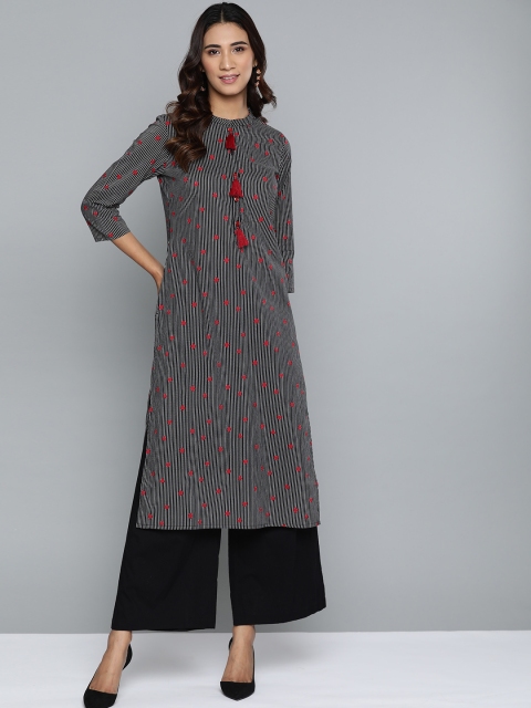 

HERE&NOW Women Black & White Striped Pure Cotton Kurta