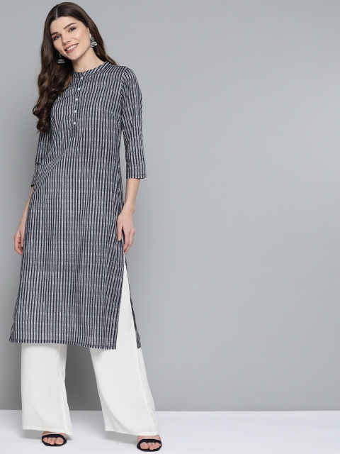 

HERE&NOW Women Navy Blue & White Pure Cotton Striped Straight Kurta