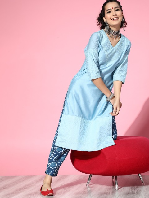 

Moda Rapido Women Blue Ethnic Motifs Embroidered Chikankari Pure Cotton Kurta