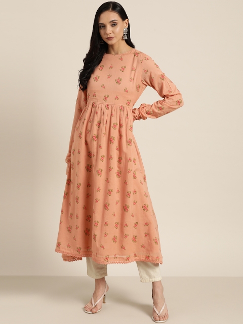 

Moda Rapido Women Peach-Coloured & Green Pure Cotton Floral Print Anarkali Kurta