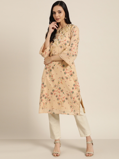 

Moda Rapido Women Beige & Green Floral Print Straight Kurta