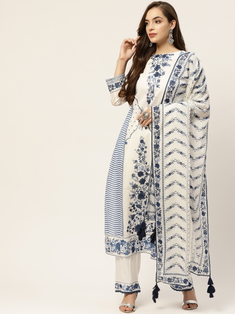

Moda Rapido Women White & Blue Floral Printed Kurta With Palazzos & Dupatta