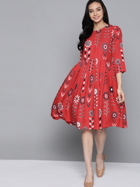 

HERE&NOW Women Red & White Floral Printed A-Line Dress
