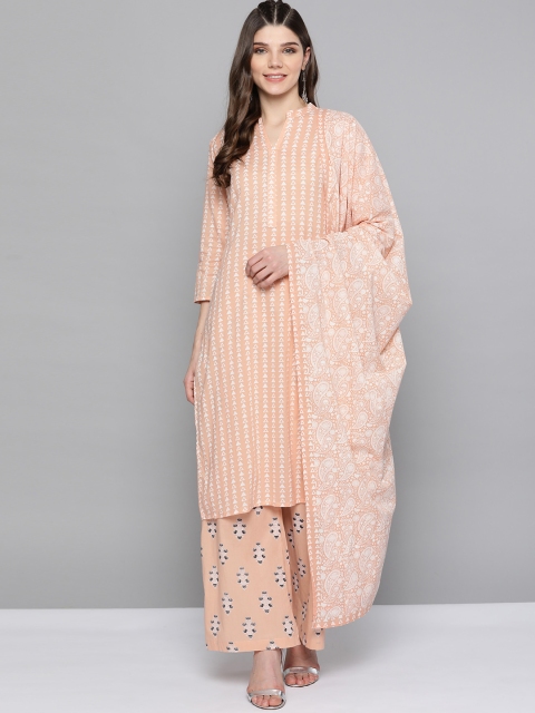 

HERE&NOW Women Peach-Coloured & White Pure Cotton Printed Kurta with Palazzos & Dupatta