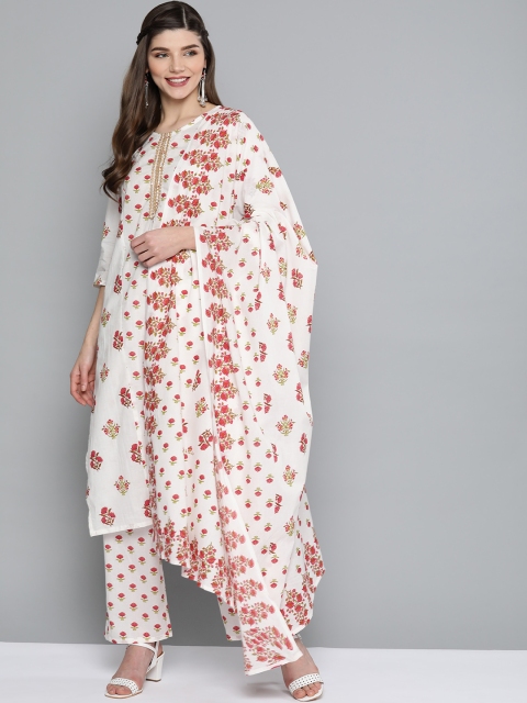 

HERE&NOW Women White & Pink Pure Cotton Printed Kurta with Palazzos & Dupatta