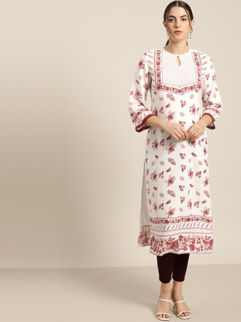 

Moda Rapido Women White & Maroon Floral Printed Keyhole Neck Kurta