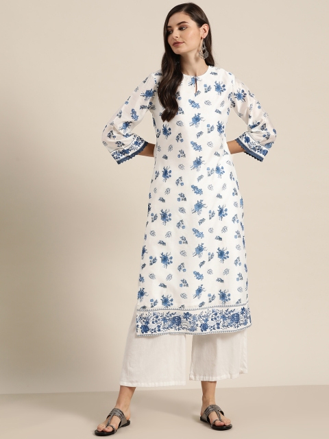 

Moda Rapido Women White & Blue Floral Printed Keyhole Neck Straight Kurta