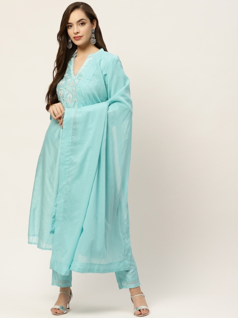 

Moda Rapido Women Turquoise Blue Ethnic Motifs Yoke Design Kurta Set