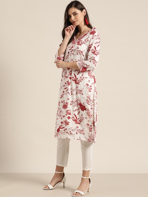 

Moda Rapido Women White & Maroon Floral Printed Kurta