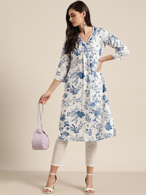 

Moda Rapido Women White & Blue Floral Printed Kurta