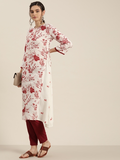 

Moda Rapido White & Maroon Printed Asymmetric A-Line Kurta