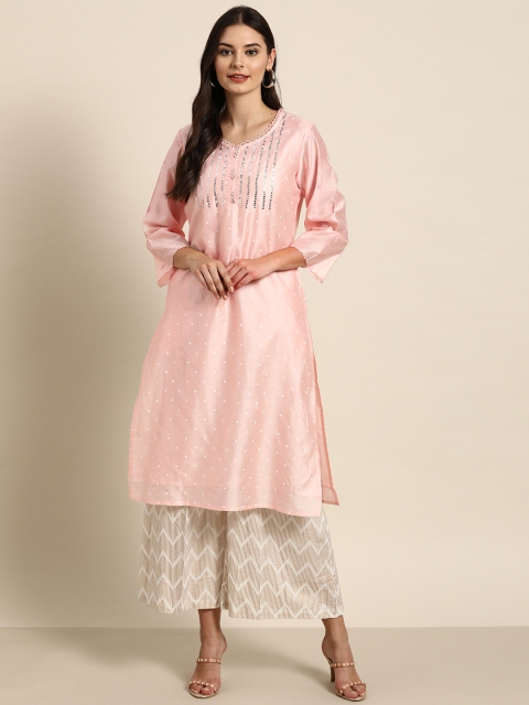 

Moda Rapido Women Peach-Coloured & White Polka Dot Print Cotton Sequins Pastel Kurta