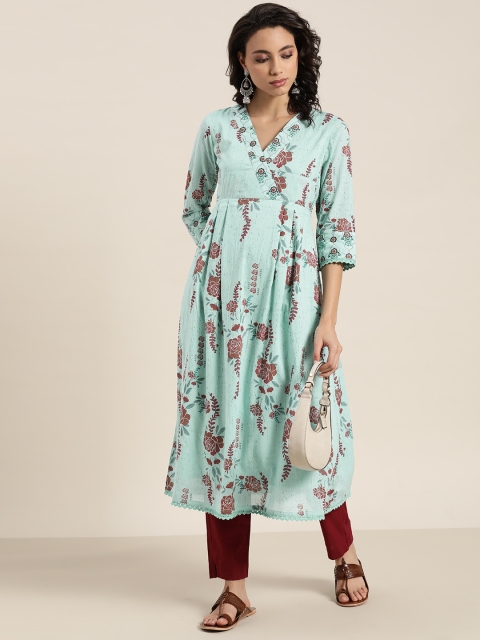 

Moda Rapido Women Blue & Maroon Floral Print Pure Cotton Angrakha Kurta