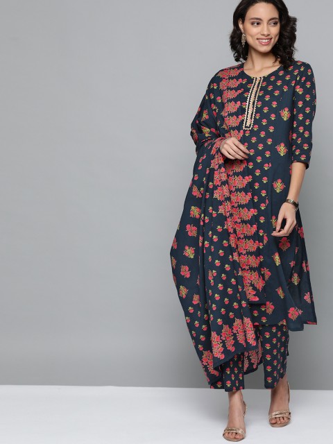 

HERE&NOW Women Navy Blue & Pink Pure Cotton Printed Kurta with Palazzos & Dupatta