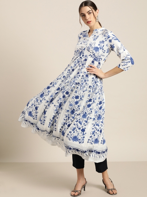 

Moda Rapido Women White & Navy Blue Floral Printed A-Line Kurta
