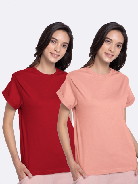 

Bewakoof Women Pink & Red Solid Round Neck T-shirt Set of 2
