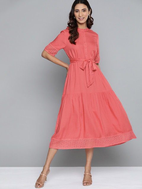 

HERE&NOW Women Coral Pink Solid A-Line Tiered Midi Dress With Belt