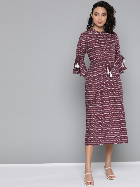 

HERE&NOW Women Burgundy & White Pure Cotton Striped A-Line Dress