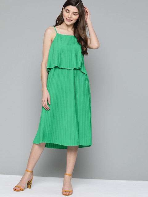 

HERE&NOW Women Green Solid Acordian Pleats A-Line Dress