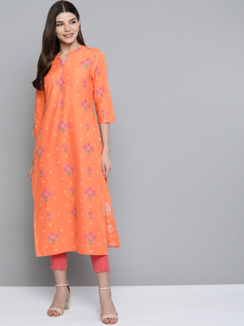 

HERE&NOW Women Peach-Coloured & Pink Pure Cotton Ethnic Motifs Printed Kurta