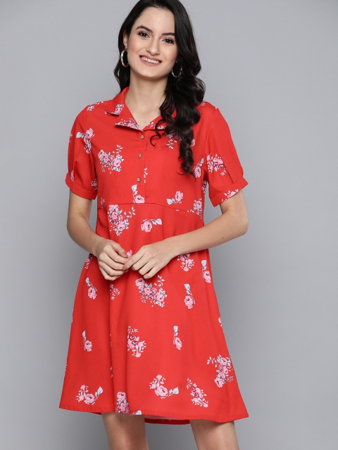 

HERE&NOW Women Red & Pink Floral Print A-Line Dress