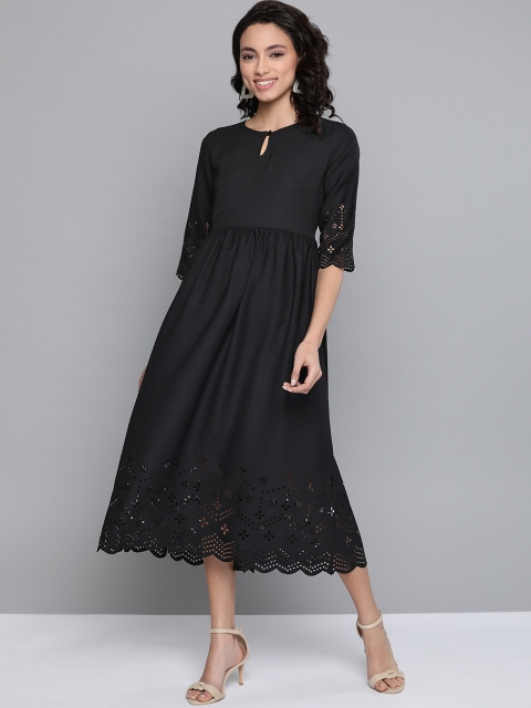 

HERE&NOW Women Black Solid Cut-Out Detail A-Line Dress
