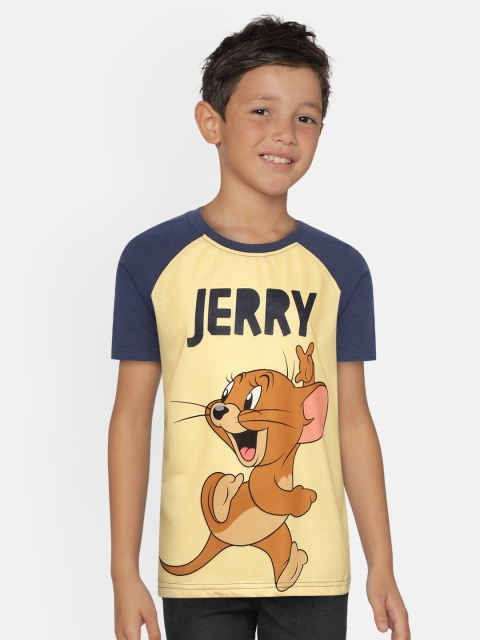 

GAME BEGINS Boys Yellow & Brown Pure Cotton Jerry Print Round Neck T-shirt