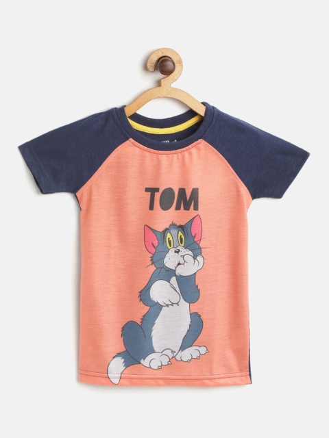 

GAME BEGINS Boys Coral Orange & Grey Pure Cotton Tom Print Round Neck T-shirt