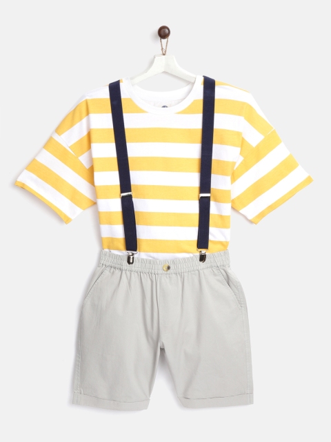 

YK Boys White & Yellow Cotton Striped T-shirt with Solid Shorts & Detachable Suspenders