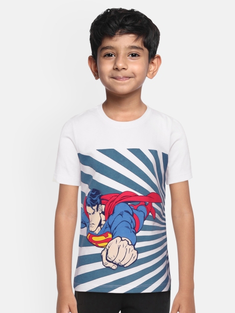 

YK Justice League Boys White & Teal Blue Superman Print Round Neck T-shirt