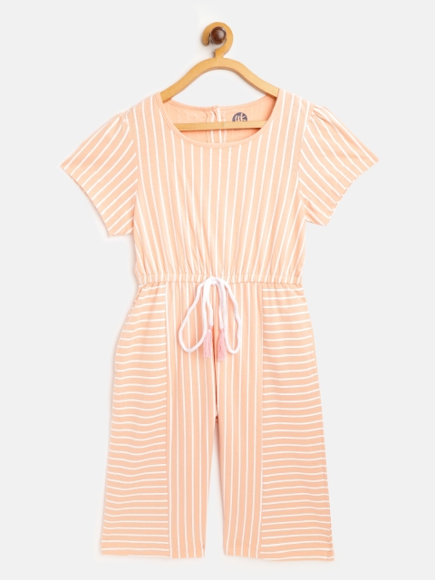 

YK Girls Peach-Coloured & White Pure Cotton Striped Basic Jumpsuit