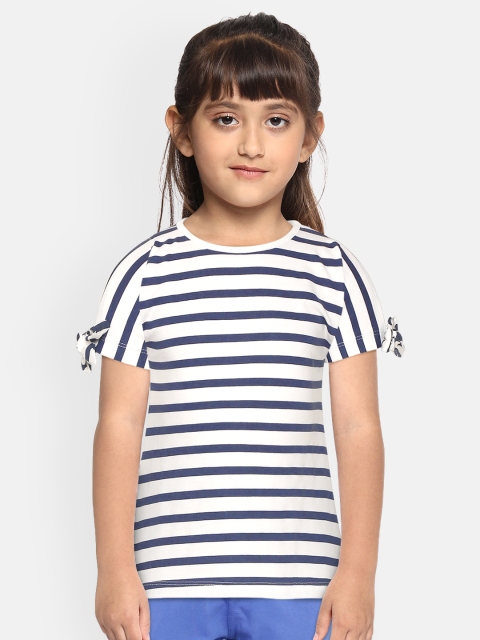 

YK Girls White & Navy Blue Striped Pure Cotton Extended Sleeves Regular Top