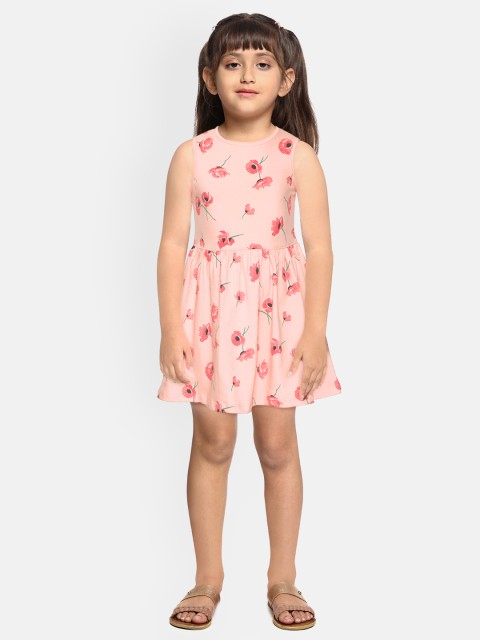 

YK Girls Peach-Coloured & Green Floral Print Pure Cotton A-Line Dress with Hairband