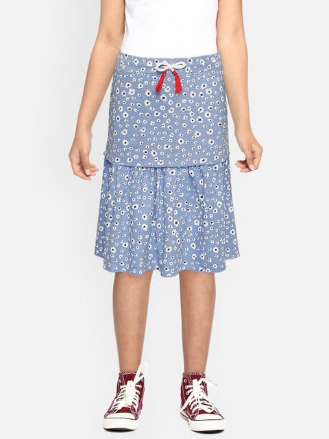 

YK Girls Blue & White Floral Print Pure Cotton Layered A-Line Skirt