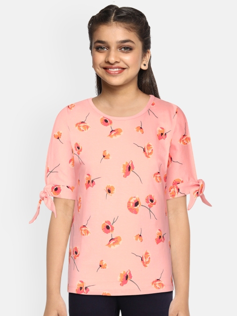 

YK Girls Peach-Coloured & Orange Floral Print Slit Sleeves Pure Cotton Regular Top