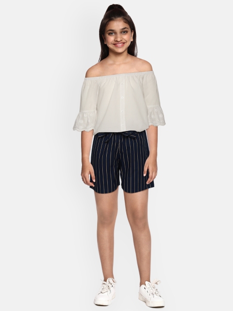 

YK Girls White & Navy Blue Pure Cotton Solid Off-Shoulder Top with Striped Shorts