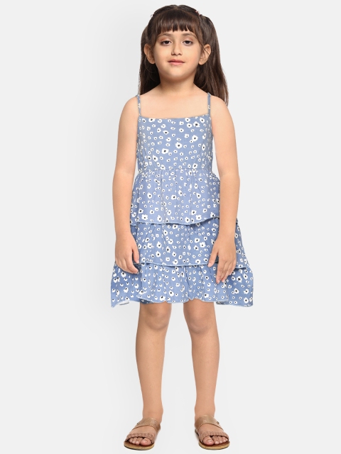 

YK Girls Blue & White Pure Cotton Floral Print Layered A-Line Dress
