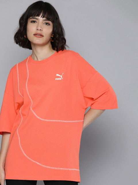 

Puma Women Coral Orange Solid Casual Pure Cotton Loose T-shirt