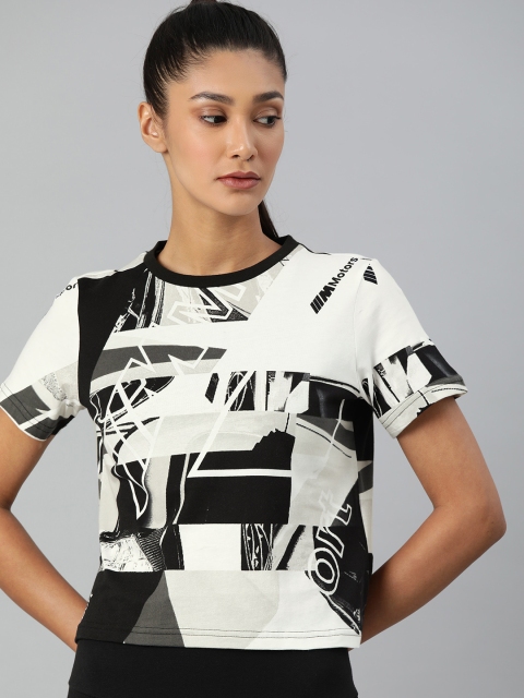 

PUMA Motorsport Women Black White Printed Pure Cotton T-shirt