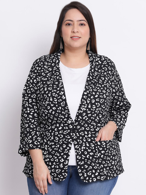 

Oxolloxo Plus Size Women Black & White Printed Single-Breasted Plus Siz Casual Blazer